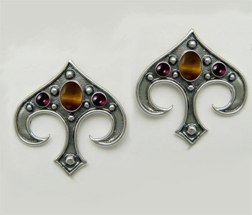 Sterling Silver Gothic Inspired Drop Dangle Earrings With Tiger Eye And Garnet